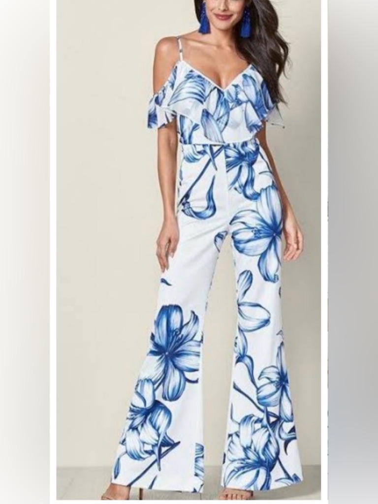 Venus Jumpsuit V Neck Line W Ruffle - Flare Leg White & Blue Floral Print Size 4